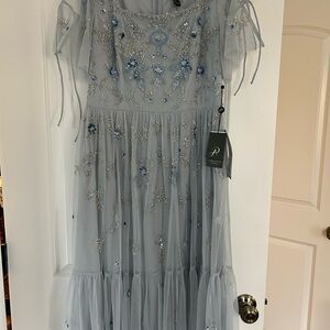 Adrianna Papell Silver and Blue Embroidered Dress